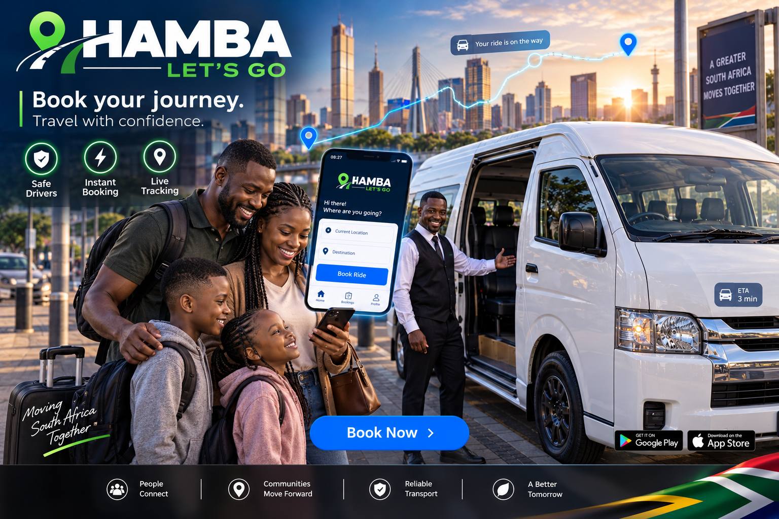 Hamba Let's Go — a South African family booking a ride beside a white taxi, with live tracking on the app