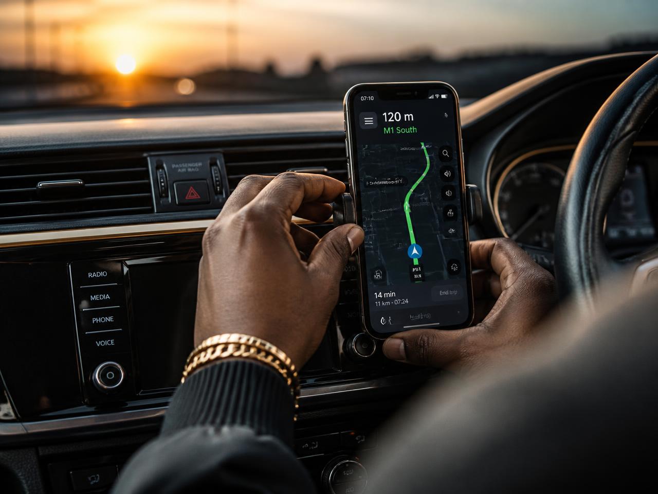 Driver using the Hamba Let's Go navigation screen mounted on the dashboard at sunrise