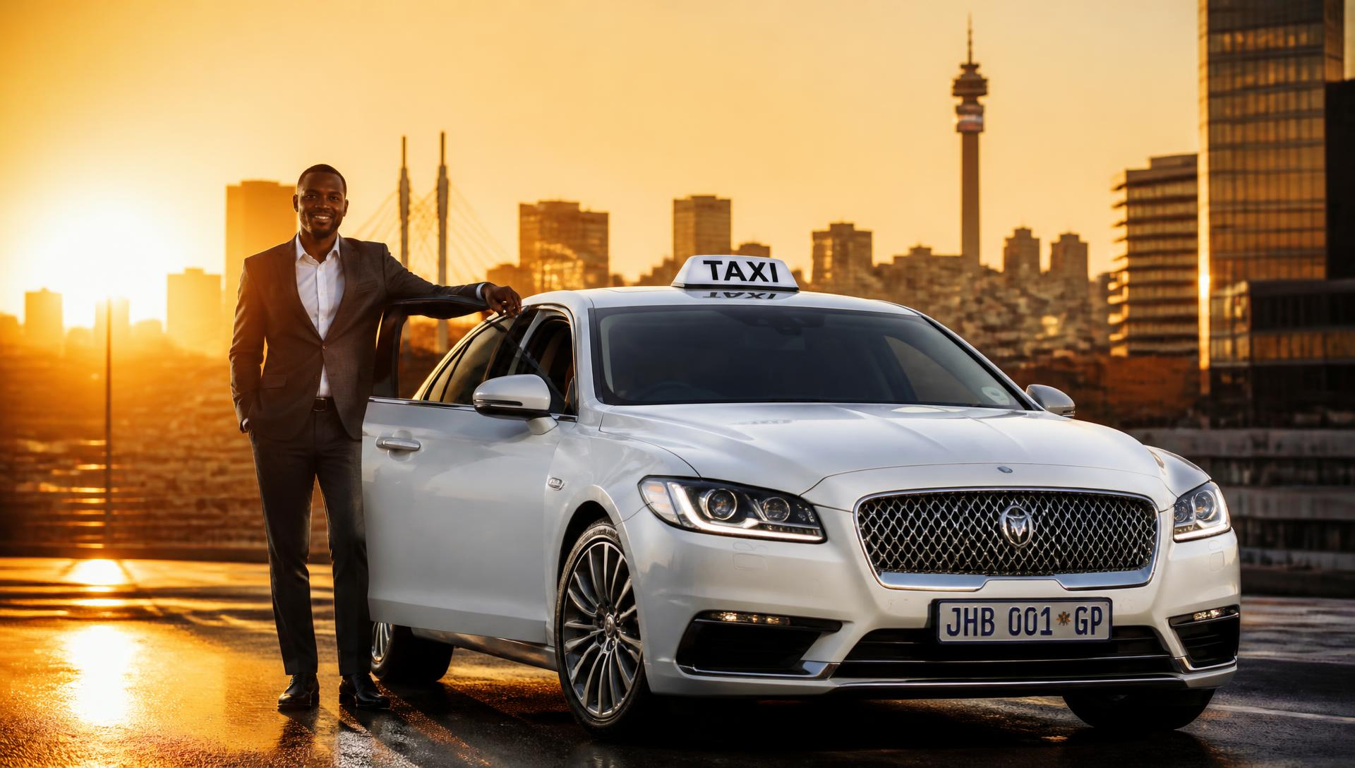 Professional South African driver standing beside a clean white Hamba Let's Go taxi at city sunrise
